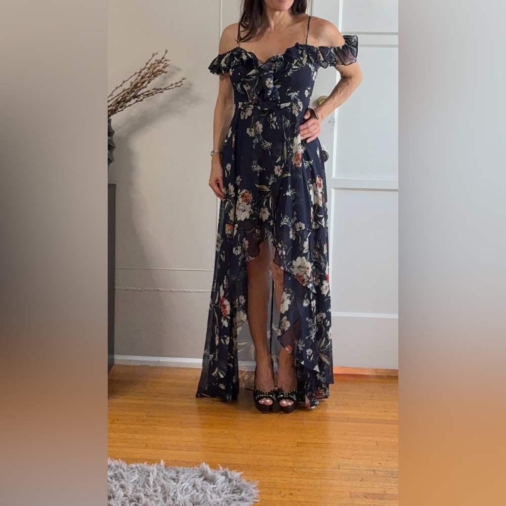 Hot Miami Styles Navy Floral High Low Skirt